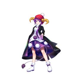 Rule 34 | 1girl, :3, adapted costume, asymmetrical hair, black coat, cabbie hat, coat, controller, doreking, doremy sweet, doremy sweet (kaiju of dreams and mysteries), dress, full body, game cg, half-closed eyes, hat, heart, heart necklace, highres, horns, jewelry, looking at viewer, multicolored clothes, multicolored dress, necklace, open clothes, open coat, pom pom (clothes), purple dress, purple eyes, purple hair, red hat, remote control, rotte (1109), simple background, solo, tail, tapir tail, third-party source, touhou, touhou lostword, turtleneck, white background, white dress, white footwear, yellow horns