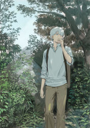 Rule 34 | 1boy, backpack, bag, brown pants, cigarette, collared shirt, commentary, day, dress shirt, forest, ginko, grass, green eyes, hair over one eye, highres, long sleeves, looking to the side, male focus, mushishi, nature, one eye covered, pants, popped collar, scenery, shirt, short hair, smoking, solo, tree, walking, wasabi60, white hair, white shirt