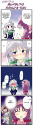 Rule 34 | 4girls, 4koma, :d, ^ ^, angry, bat wings, blue hair, blush, bow, braid, china dress, chinese clothes, closed eyes, comic, crescent, dress, embarrassed, closed eyes, female focus, frown, grey eyes, hair bow, hard-translated, hat, hong meiling, izayoi sakuya, knife, long hair, long image, long sleeves, maid, maid headdress, morogami ryou, multiple girls, night clothes, o o, open mouth, patchouli knowledge, purple hair, red hair, remilia scarlet, sakuya-sans sweet tooth, short hair, sidelocks, silver hair, smile, star (symbol), sweatdrop, tall image, embodiment of scarlet devil, third-party edit, touhou, translated, twin braids, v arms, wings