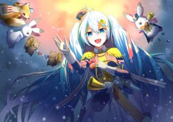Rule 34 | 1girl, :d, ahoge, blue eyes, blue hair, bow, dutch angle, floating hair, gloves, hair between eyes, hair ornament, hatsune miku, highres, holding, holding instrument, instrument, jacket, long hair, looking at viewer, open mouth, pleated skirt, rabbit yukine, skirt, smile, snowflakes, so ra 01 02, solo, standing, twintails, very long hair, vocaloid, white bow, white gloves, white skirt, x hair ornament, yuki miku