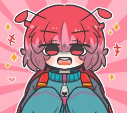 Rule 34 | +++, 1girl, :d, antennae, backpack, bag, blue jacket, commentary request, hair between eyes, highres, jacket, long sleeves, looking at viewer, multicolored hair, open mouth, original, pink hair, puffy long sleeves, puffy sleeves, red eyes, red hair, round teeth, sleeves past fingers, sleeves past wrists, smile, solo, sunburst, sunburst background, teeth, two-tone hair, uni souchou, upper body, upper teeth only