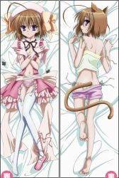 Rule 34 | 10s, 1girl, ahoge, animal ears, back, barefoot, blush, bow, brown hair, camisole, clothes pull, covering breasts, covering privates, dakimakura (medium), feet, garter belt, gloves, haruna (korezom), hat, kemonomimi mode, kore wa zombie desu ka?, lying, magical girl, multiple views, non-web source, official art, on back, on stomach, open clothes, panties, purple eyes, ribbon, sample watermark, shoes, short hair, shorts, shorts pull, side-tie panties, single shoe, soles, strap slip, striped clothes, striped panties, tail, thighhighs, toes, topless, underwear, watermark, yellow bow