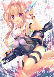 Rule 34 | 1girl, :d, arm strap, blush stickers, bow, braid, covered navel, fang, gem, gun, hair bow, hair intakes, highres, jumping, long hair, looking at viewer, neckerchief, nontraditional school swimsuit, open mouth, original, pink bow, purple eyes, ribbon, saichuu, sailor collar, school swimsuit, sidelocks, smile, solo, sparkle, star (symbol), swimsuit, thigh strap, twin braids, water, water drop, water gun, weapon, wrist ribbon
