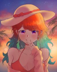 Rule 34 | absurdres, artist name, bare shoulders, bikini, blush, breasts, feathers, hat, highres, hololive, hololive english, light particles, looking at viewer, md5 mismatch, multicolored hair, palm tree, resolution mismatch, shaded face, shironekokfp, smile, solo, source smaller, sunset, swimsuit, takanashi kiara, tree, virtual youtuber