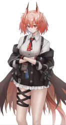 Rule 34 | 1girl, absurdres, animal ears, arknights, bird ears, bird tail, black gloves, black jacket, blush, breasts, collared shirt, crossed arms, feet out of frame, fiammetta (arknights), frilled skirt, frills, gloves, hair between eyes, high-waist skirt, highres, hk (haruka 210), id card, jacket, looking at viewer, medium breasts, necktie, off shoulder, open clothes, open jacket, raised eyebrow, red eyes, red hair, red necktie, red skirt, shirt, shirt tucked in, short hair, simple background, skirt, solo, tail, white background, white shirt