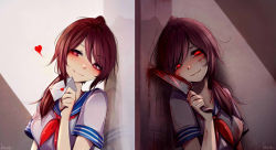 Rule 34 | 1girl, against wall, ayano aishi, blood, blood on clothes, blood on face, blush, bright pupils, closed mouth, collarbone, copyright request, dagger, head tilt, heart, holding, holding letter, holding weapon, injury, knife, letter, likesac, long hair, looking at viewer, love letter, multiple views, neckerchief, nose blush, panties, parted lips, ponytail, red eyes, red neckerchief, reflection, school uniform, serafuku, shaded face, shirt, short sleeves, signature, smile, swept bangs, underwear, upper body, weapon, white shirt, yandere simulator