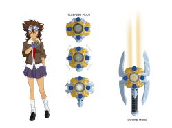 Rule 34 | 1girl, crests (digimon), digimon, female focus, genderswap, goggles, goggles on head, highres, necktie, skirt, solo, sword, weapon, yagami taichi
