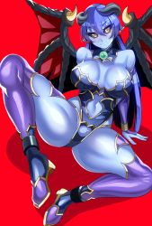 Rule 34 | 1girl, astaroth (shinrabanshou), black sclera, blue hair, blue skin, clothing cutout, colored sclera, colored skin, demon girl, demon tail, earrings, heart, heart earrings, highleg, highres, horns, jewelry, looking at viewer, navel cutout, pointy ears, red wings, revealing clothes, shinrabanshou, shiny skin, skin tight, smile, solo, tail, thighhighs, volyz, wings, yellow eyes