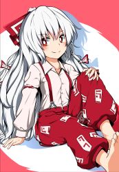 Rule 34 | 1girl, barefoot, bow, bright pupils, buttons, closed mouth, collared shirt, fujiwara no mokou, grey hair, hair bow, hand on own knee, knee up, kredorf, long hair, long sleeves, looking at viewer, multiple bows, ofuda, ofuda on clothes, pants, red eyes, red pants, shirt, sitting, smile, solo, suspenders, touhou, white pupils, white shirt