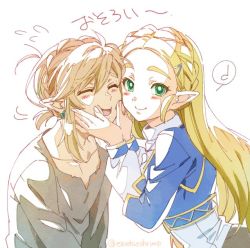 Rule 34 | 1boy, 1girl, blonde hair, blush stickers, braid, cheek-to-cheek, collarbone, closed eyes, green eyes, hair ornament, hairclip, hands on another&#039;s cheeks, hands on another&#039;s face, heads together, link, long hair, long sleeves, looking at viewer, musical note, nintendo, open mouth, pointy ears, princess zelda, shirt, short hair, shuri (84k), simple background, smile, spoken musical note, sweatdrop, the legend of zelda, the legend of zelda: breath of the wild, thick eyebrows, upper body, white background