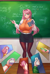 Rule 34 | 1girl, baton, belt, book, breasts, brown thighhighs, chalkboard, controller, discreet vibrator, earrings, english text, green eyes, hair intakes, highres, huge breasts, impossible clothes, impossible shirt, jewelry, lips, long hair, miniskirt, multiple insertions, necktie, original, pencil skirt, pink hair, remote control, remote control vibrator, rezukin2, ring, sex toy, shirt, skirt, solo, surprised, sweater vest, teacher, thighhighs, vibrator, wedding band, wedding ring, wireless sex toy controller