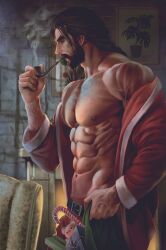 Rule 34 | 1boy, abs, absurdres, aenaluck, bara, beard, belt, black belt, black hair, box, candy, candy cane, carlnes (aenaluck), facial hair, food, gift, gift box, highres, holding, holding sack, holding smoking pipe, large pectorals, male focus, medium hair, muscular, muscular male, navel, nipples, open clothes, open shirt, original, pants, pectorals, pipe in mouth, red pants, red shirt, sack, santa costume, shirt, smoking pipe, solo, stuffed animal, stuffed toy, teddy bear