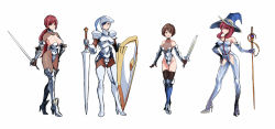 Rule 34 | 4girls, armor, bikini armor, blonde hair, blue eyes, boots, breastplate, breasts, brown hair, cleavage, elbow gloves, gauntlets, gloves, hat, helmet, high heel boots, high heels, highres, knight, large breasts, long hair, multiple girls, navel, original, shield, short hair, shoulder armor, simple background, staff, sword, thigh boots, thighhighs, uns (sdsxsoverlord), weapon, witch hat