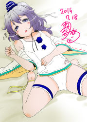Rule 34 | 1girl, ankle ribbon, asymmetrical sleeves, ayakase riberi, beach, bridal garter, collarbone, dated, from above, gradient background, grey eyes, hat, leg ribbon, lying, mismatched sleeves, mononobe no futo, nontraditional school swimsuit, on back, one-piece swimsuit, ponytail, ribbon, school swimsuit, silver hair, solo, spread legs, swimsuit, tate eboshi, tears, thigh strap, touhou, white one-piece swimsuit, white school swimsuit