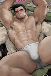 Rule 34 | 1boy, abs, ace attorney, bara, beard, body hair, bulge, dick gumshoe, dopey (dopq), facial hair, highres, large pectorals, looking at viewer, male focus, male underwear, manly, muscular, nipples, pectorals, simple background, solo, thick thighs, thighs, topless male, underwear