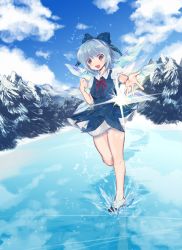 Rule 34 | 1girl, bad id, bad pixiv id, black footwear, blue bow, blue dress, blue eyes, blue hair, blue sky, bow, cirno, cloud, cloudy sky, day, dress, full body, hand up, highres, ice, ice wings, lake, looking at viewer, melocoton, open mouth, outdoors, outstretched arm, puffy short sleeves, puffy sleeves, reaching, reaching towards viewer, red ribbon, ribbon, shoes, short dress, short hair, short sleeves, sky, smile, snow, socks, solo, touhou, walking, walking on liquid, water, white socks, wings, winter