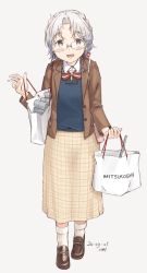 Rule 34 | 1girl, bag, blazer, blue sweater, brown eyes, brown footwear, brown jacket, dated, depth charge, full body, glasses, grey hair, hirato (kancolle), jacket, kantai collection, kawashina (momen silicon), loafers, long skirt, long sleeves, looking at viewer, mitsukoshi (department store), plaid, plaid skirt, shoes, shopping bag, short hair, signature, simple background, skirt, smile, socks, solo, sweater, walking, wavy hair, white background, white socks