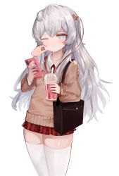 Rule 34 | 1girl, aran sweater, bad id, bad pixiv id, bag, blue eyes, blush, brown sweater, cable knit, cellphone, cheek pinching, closed mouth, collared shirt, cup, disembodied hand, disposable cup, dokomon, drink, drinking straw, girls&#039; frontline, grey hair, grey nails, hair between eyes, hair ornament, highres, holding, holding cup, holding phone, long hair, long sleeves, miniskirt, nail polish, necktie, one eye closed, phone, pinching, pleated skirt, red neckwear, red skirt, ribeyrolles (girls&#039; frontline), shirt, shoulder bag, simple background, skindentation, skirt, sleeves past wrists, solo focus, sweater, tears, thighhighs, very long hair, white background, white shirt, white thighhighs