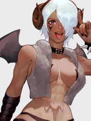 Rule 34 | 1girl, abs, angel (kof), breasts, choker, curled horns, hair over one eye, highres, horns, index fingers raised, jacket, large breasts, looking at viewer, muscular, muscular female, navel, no bra, oni gini, open clothes, open jacket, sheep, sheep horns, snk, solo, the king of fighters, the king of fighters xiv, toned, underwear, white hair, wool