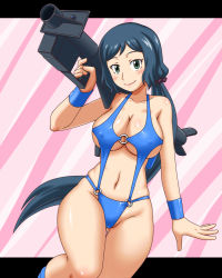 Rule 34 | 10s, 1990s (style), 1girl, armband, blue eyes, blue hair, blush, breasts, covered erect nipples, curvy, goriate, gundam, gundam build fighters, iori rinko, large breasts, long hair, looking at viewer, matching hair/eyes, mature female, navel, o-ring, o-ring swimsuit, ponytail, retro artstyle, rocket launcher, shiny skin, slingshot swimsuit, smile, solo, swimsuit, trigger discipline, victory gundam, weapon