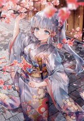 Rule 34 | 1girl, alternate costume, ayaka (genshin impact), blue eyes, blue hair, blue kimono, blunt bangs, blunt tresses, blurry, blurry foreground, falling petals, floating hair, floral print, flower, genshin impact, hair flower, hair ornament, hand up, highres, japanese clothes, kimono, long hair, long sleeves, looking to the side, looking up, mole, mole under eye, outdoors, parted lips, petals, pink flower, sidelocks, solo, standing, utsuhostoria