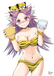 Rule 34 | akashieru, animal print, bikini, blush, breasts, cleavage, cup, drinking glass, drunk, grin, highres, jun&#039;you (kancolle), kantai collection, large breasts, leaning to the side, long hair, masu, one-hour drawing challenge, purple eyes, purple hair, simple background, smile, spiked hair, strapless, strapless bikini, swimsuit, tiger hat, tiger print, white background, yellow bikini