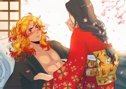 Rule 34 | 1boy, 1girl, abs, andythelemon, black hair, blonde hair, blush, cherry blossoms, eyelashes, falling petals, hand on another&#039;s face, hetero, highres, imminent penetration, kimetsu no yaiba, long hair, looking at another, lying, multicolored hair, on back, open clothes, open shirt, pale skin, pectorals, petals, red eyes, red hair, rengoku ruka, rengoku shinjurou, two-tone hair