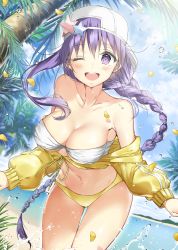 Rule 34 | 1girl, ;d, bad id, bad pixiv id, bb (fate), bb (fate) (all), bb (swimsuit mooncancer) (fate), bb (swimsuit mooncancer) (first ascension) (fate), bikini, blue sky, blush, braid, breasts, cleavage, clothes down, collarbone, day, dutch angle, fate/grand order, fate (series), floating hair, h shai, hair between eyes, hair ornament, hat, long hair, looking at viewer, medium breasts, one eye closed, open mouth, outdoors, palm tree, purple eyes, purple hair, ribbon, single braid, sky, smile, solo, sparkle, standing, star (symbol), star hair ornament, strapless, strapless bikini, sweater, swimsuit, tree, very long hair, white bikini, white hat, yellow bikini, yellow ribbon, yellow sweater