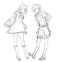 Rule 34 | 1boy, 1girl, arms behind back, bow, closed mouth, commentary request, dress, full body, hair bow, kagamine len, kagamine rin, kneehighs, leaning forward, legs apart, lineart, looking at viewer, miku symphony (vocaloid), monochrome, neck ribbon, necktie, no nose, one eye closed, own hands together, rella, ribbon, shirt, shoes, short hair, short necktie, short sleeves, shorts, sketch, smile, socks, standing, stretching, suspender shorts, suspenders, vocaloid