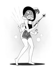Rule 34 | 1girl, backpack, bag, barefoot, camisole, choker, dirty, eunnieboo, full body, glasses, glowing, greyscale, grin, hat, monochrome, original, short shorts, shorts, smile, solo, wand, witch hat