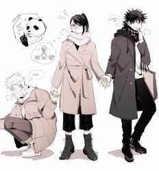 Rule 34 | !, 1girl, 3boys, ?, ??, bag, bear, bisexual, bisexual male, blush, boots, buttons, closed eyes, closed mouth, dog, embarrassed, english text, eyebrows, eyelashes, glasses, hair between eyes, happy, highres, holding hands, inumaki toge, jacket, jujutsu kaisen, leash, long hair, multiple boys, okkotsu yuuta, open mouth, oratoza, pale skin, panda, panda (jujutsu kaisen), pants, pocket, ponytail, profile, scarf, shadow, shopping bag, short hair, sign, smile, speech bubble, squatting, standing, striped clothes, striped scarf, thought bubble, white background, zenin maki