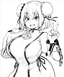 Rule 34 | 1girl, bandaged arm, bandages, breasts, bun cover, double bun, flower, food, greyscale, hair bun, highres, himajin noizu, ibaraki kasen, large breasts, looking at viewer, monochrome, open mouth, rose, short hair, simple background, solo, tabard, touhou, v