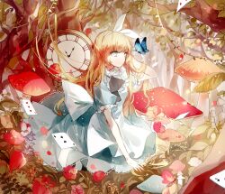 Rule 34 | 1girl, alice (alice in wonderland), alice in wonderland, apron, arm up, black ribbon, blonde hair, blue butterfly, blue dress, blue eyes, bug, butterfly, card, clock, closed mouth, commentary, cui (jidanhaidaitang), dress, eyelashes, flower, forest, frilled dress, frilled sleeves, frills, full body, grass, hair ornament, hair ribbon, hairband, highres, insect, long hair, mushroom, nature, neck ribbon, outdoors, petals, plant, playing card, puffy short sleeves, puffy sleeves, purple flower, red flower, ribbon, short sleeves, sidelocks, sitting, solo, tree, vines, watch, white apron, white hairband, white ribbon, yellow flower