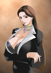 Rule 34 | 1girl, ace attorney, arisawa masaharu, breasts, brown eyes, brown hair, business suit, capcom, cleavage, earrings, female focus, fingernails, formal, gradient background, jewelry, large breasts, long fingernails, long hair, magatama, mia fey, solo, suit