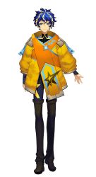 Rule 34 | 1boy, aqua eyes, astel leda, blonde hair, blue hair, boots, closed mouth, coat, full body, hair between eyes, holostars, knee boots, male focus, messy hair, multicolored hair, nakamura eight, official art, puffy coat, simple background, smile, solo, standing, straight-on, streaked hair, thighhighs, virtual youtuber, wavy hair, white background, yellow coat