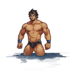 Rule 34 | 1boy, abs, bara, bare pectorals, beard, black hair, black male swimwear, bulge, cropped legs, dark-skinned male, dark skin, facial hair, goggles, goggles on head, highres, large pectorals, long sideburns, male focus, male swimwear, mature male, muscular, muscular male, navel, navel hair, nipples, original, partially submerged, pectorals, selkiro, short hair, sideburns, smile, solo, standing, stomach, swim briefs, tan, thick thighs, thighs