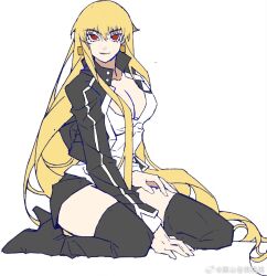 Rule 34 | 1girl, black footwear, black jacket, black skirt, blonde hair, boots, breasts, chinese commentary, cleavage, closed mouth, collarbone, collared jacket, commentary request, cropped jacket, dangle earrings, earrings, eyelashes, fate/stay night, fate (series), full body, genderswap, genderswap (mtf), gilgamesh (fate), gilgamesh (immoral biker jacket) (fate), gold earrings, hair spread out, hand on ground, hand on own thigh, high collar, high heel boots, high heels, jacket, jewelry, kneeling, large breasts, long hair, long sleeves, looking at viewer, miniskirt, momo 007, open clothes, open jacket, pink lips, red eyes, shirt, sidelocks, simple background, skirt, smile, solo, thigh boots, very long hair, wavy hair, weibo watermark, white background, white shirt