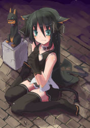 Rule 34 | 1girl, animal ears, black hair, black theme, black thighhighs, collar, dog, dog ears, green eyes, hair ribbon, long hair, own hands clasped, own hands together, ribbon, sitting, solo, thighhighs, wariza