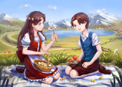 Rule 34 | 1boy, 1girl, :d, absurdres, basket, blanket, blue eyes, blue vest, brown footwear, brown shorts, day, flower, grass, head wreath, highres, holding, holding flower, lake, long hair, miantiao135, mountain, open mouth, outdoors, path, road, shirt, short hair, short sleeves, shorts, siblings, smile, socks, twins, vest, white legwear, white shirt