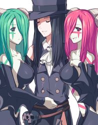 Rule 34 | 1other, 2girls, absurdres, bad id, bad twitter id, bare shoulders, bbhdrrr, black suit, breasts, closed eyes, collarbone, demon girl, demon horns, detached sleeves, formal, green eyes, green hair, guilty gear, guilty gear strive, hat, highres, horns, large breasts, looking at viewer, multiple girls, pale skin, pink eyes, pink hair, side slit, simple background, smile, succubus familiar, suit, testament (guilty gear), top hat, white background