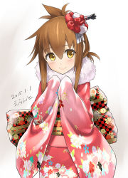 Rule 34 | 10s, 1girl, 2015, artist name, blush, brown hair, cowboy shot, dated, errant, folded ponytail, fur, hair ornament, inazuma (kancolle), japanese clothes, kantai collection, kimono, long hair, looking at viewer, new year, obi, sash, sleeves past wrists, smile, solo, torpedo, yellow eyes