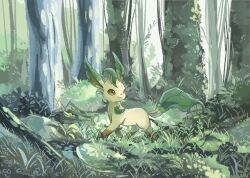 Rule 34 | brown eyes, bush, closed mouth, commentary, creatures (company), day, forest, game freak, gen 4 pokemon, grass, highres, leafeon, looking to the side, moss, nature, nintendo, no humans, outdoors, plant, pokemon, pokemon (creature), rock, smile, solo, symbol-only commentary, tree, volpecorvo, walking