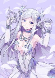 Rule 34 | 1girl, absurdres, alternate costume, blue eyes, braid, breasts, cleavage, duel monster, elbow gloves, frostcyco, gloves, hair ornament, highres, long hair, looking at viewer, maiden with eyes of blue, petals, playing with own hair, silver hair, smile, solo, twin braids, two side up, yu-gi-oh!