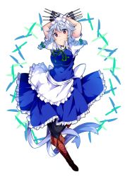 Rule 34 | 1girl, apron, arms up, black pantyhose, blue dress, boots, bow, braid, breasts, brown footwear, closed mouth, cross-laced footwear, dress, dual wielding, frilled dress, frills, full body, gloves, green bow, green ribbon, hair bow, highres, holding, holding knife, ishimu, izayoi sakuya, knife, lace-up boots, looking at viewer, maid, maid headdress, medium breasts, neck ribbon, pantyhose, puffy short sleeves, puffy sleeves, red eyes, ribbon, short sleeves, silver hair, smile, solo, touhou, twin braids, waist apron, white gloves
