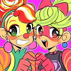 Rule 34 | 2girls, :d, @ @, arms (game), blonde hair, blush, bright pupils, cello (us), clown, clown nose, colorful, crossed bangs, earrings, eyelashes, green eyes, green hair, green shirt, grin, hair ribbon, heart, heart hands, jewelry, lola pop, long hair, looking at viewer, multicolored hair, multiple girls, nintendo, open mouth, orange hair, outline, pink background, pink ribbon, ponytail, raised eyebrows, red eyes, red hair, ribbon, ribbon girl (arms), shirt, short hair, simple background, sketch, smile, streaked hair, suspenders, teeth, tongue, turtleneck, two-tone hair, upper body, white hair, white pupils