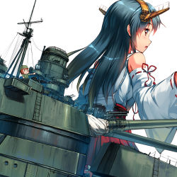 Rule 34 | 10s, 2girls, bare shoulders, black hair, brown eyes, cannon, detached sleeves, fairy (kancolle), hair ornament, hairband, haruna (kancolle), headgear, highres, hino katsuhiko, japanese clothes, kantai collection, long hair, looking back, mecha musume, military, multiple girls, nontraditional miko, ribbon-trimmed sleeves, ribbon trim, simple background, solo, turret