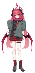 Rule 34 | 1girl, absurdres, ankle boots, bburi, black jacket, blue archive, blush, boots, demon horns, demon wings, full body, halo, highres, horns, jacket, junko (blue archive), long hair, long sleeves, looking at viewer, plaid, plaid skirt, red eyes, red hair, red scarf, red skirt, scarf, simple background, skirt, smile, solo, thigh strap, twintails, very long hair, white background, wings