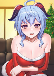 Rule 34 | 1girl, ahoge, bare shoulders, blue hair, blurry, blurry background, blurry foreground, blush, breast hold, breast rest, breasts, brown eyes, candy, candy cane, christmas, christmas lights, christmas ornaments, christmas tree, cleavage, close-up, closed mouth, collarbone, couch, depth of field, detached sleeves, dress, elbow gloves, fake antlers, food, fur-trimmed dress, fur-trimmed skirt, fur-trimmed sleeves, fur collar, fur trim, ganyu (genshin impact), genshin impact, gloves, goat horns, hair between eyes, half-closed eyes, highres, holly, horns, indoors, large breasts, long hair, looking at viewer, medium breasts, merry christmas, ornament, purple eyes, red dress, red sleeves, ribbon, santa costume, santa dress, silcorpio, sitting, skirt, smile, solo, window, wreath