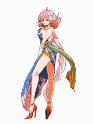 Rule 34 | 1girl, bare legs, blue dress, breasts, cleavage, closed mouth, dancer (final fantasy), dress, final fantasy, final fantasy v, flower, green eyes, green sash, hair ornament, high heels, jewelry, large breasts, lenna charlotte tycoon, looking at viewer, necklace, pelvic curtain, pink hair, saitou piyoko, sash, short hair, sideboob, simple background, smile, solo, white background