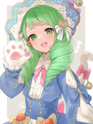 Rule 34 | 1girl, animal hands, blue dress, blush, buttons, cat paws, cat tail, commentary, dress, fake tail, fire emblem, fire emblem: three houses, fire emblem heroes, flayn (fire emblem), flayn (halloween) (fire emblem), gloves, green eyes, green hair, halloween costume, haru (nakajou-28), highres, long hair, long sleeves, looking at viewer, neck ribbon, nintendo, official alternate costume, open mouth, paw gloves, pink ribbon, ribbon, smile, solo, symbol-only commentary, tail